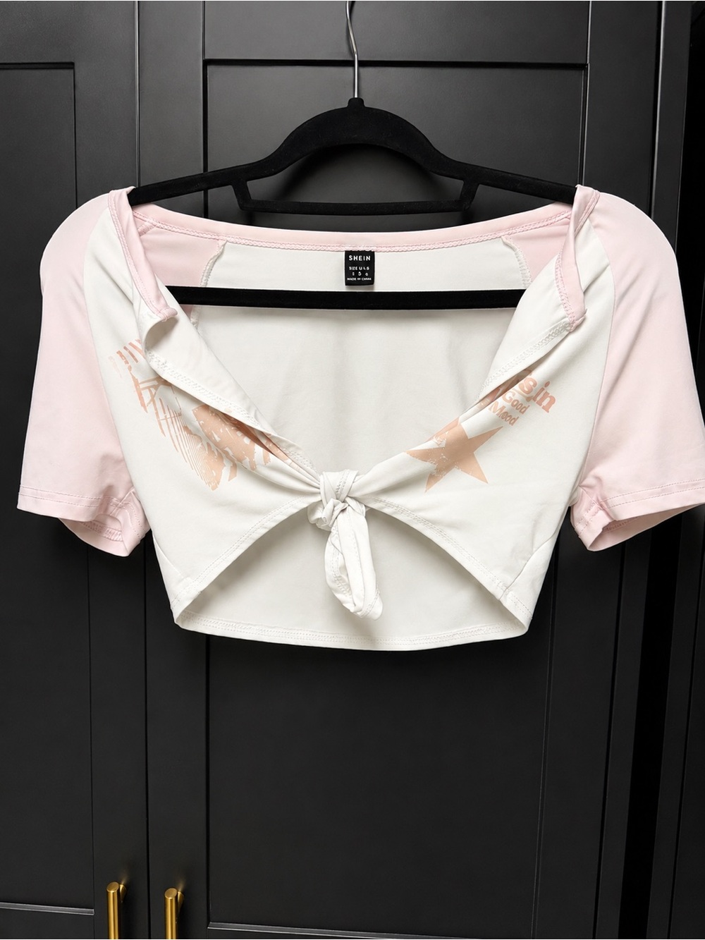 SHEIN Pink & White Tie-Front Star Crop Top